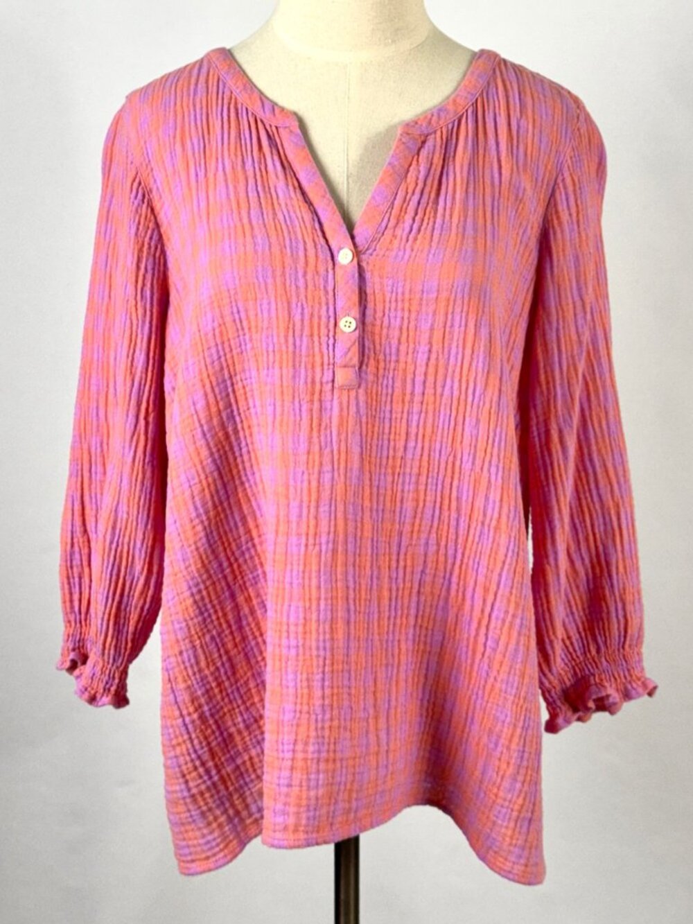 J Jill Pink Lavender Gingham Double Gauze Popover Top 100% Cotton Loose Relaxed